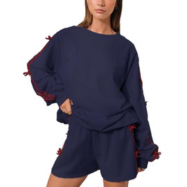 D-Sun Women's Velvet Bow Sweatshirt Long Sleeve Crew Neck Pullover Sweatshirt Loose Y2K Vintage Knitted Sweatshirt Navy