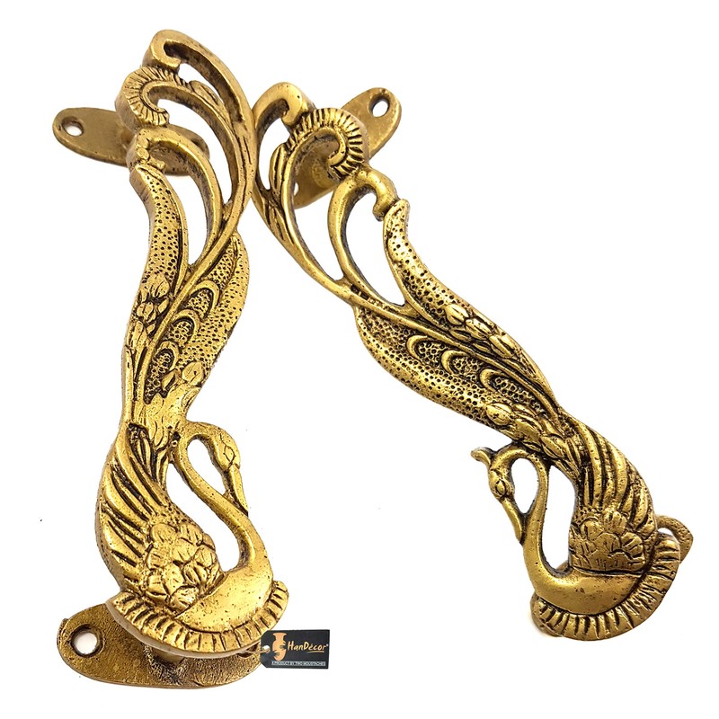 Two Moustaches Peacock Design 7 Inches Brass Door Handle -