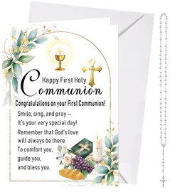 XINDY First Holy Communion Gifts for Girls Boys, First Communion Cards, First Holy Communion Card, Rosary Beads Catholic Pearl Cross Necklace for Kids