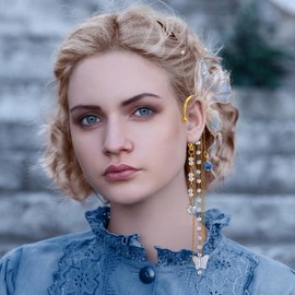 FRESHME Fairy Elf Ear Cuffs - Blue Mermaid Ears Elven Ear Clips with Tassel Butterfly Wings Ear Climbers Non Pierced Fantasy Earrings for Women 2025 Renaissance Dress Up Renfaire Cosplay Accessories