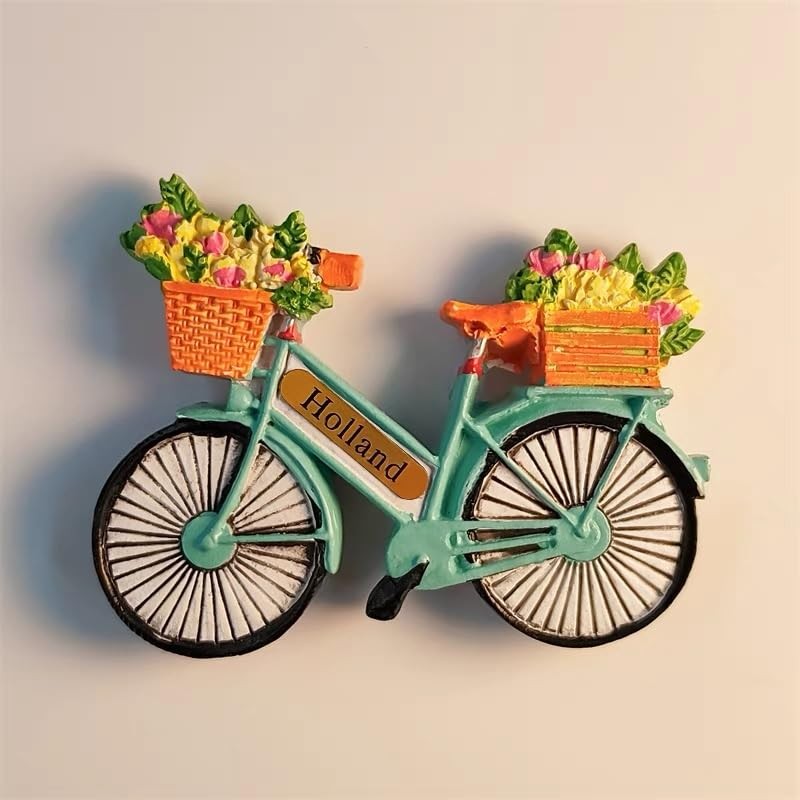 Holland Netherlands Souvenir Fridge Magnet, 3D Resin Bicycle with Tulip