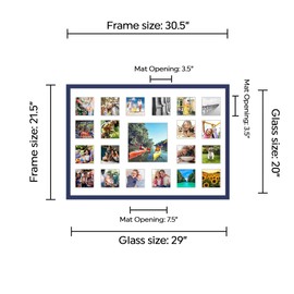 CountryArtHouse Blue Collage Frame with Mat - 20x29 Solid Wood Frame for (20) 4" x 4" and (1) 8" x 8" Photo - Blue Matted Instagram 4x4 Collage Photo Frame with Mat with Multi Opening Picture Matte