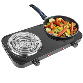 2000W Electric Double Burner Portable Coil Heating Hot Plate Stove Countertop RV Hotplate with Non Slip Rubber Feet 5 Temperature Adjustments - Color: Black, Type: 2Burner