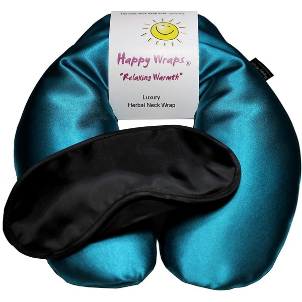Happy Wraps Microwavable Herbal Neck Wrap - Hot Cold Aromatherapy Neck Warming Pillow - Heating Pad for Migraines, Stress, Gifts for Women, Nurses, Doctors, Christmas and Free Sleep Mask - AuqaBlue
