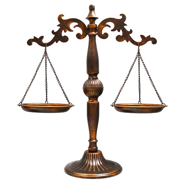 Owlgift Vintage Metal Lawyer Scale of Justice Libra, Decorative Jewelry Storage, Antique Tray Cosmetic Organizer, Farmhouse Candleholder Display, Home Décor Weight Balancing Scale Stand – Bronze