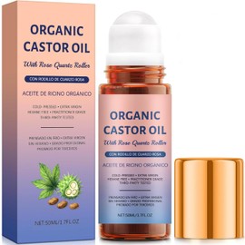 Jianeil Organic Castor Oil with Rose Quartz Roller, 100% Pure Cold-Pressed, Organic Castor Oil Roll On Rose Quartz, Hexane-Free,Amber Glass Bottle for Skin 1.7oz (1 PCS)