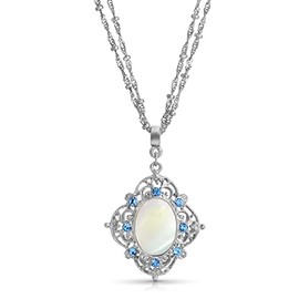 1928 Jewelry Aquamarine Blue Crystal Mother Of Pearl Filigree Pendant Necklace For Women 16" + 3" Extender