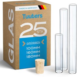 Tuuters 25 x Flat Bottom Glasses Test Tube with Corks (Light Brown) Packaging Party Favours (180 x Diameter 20 mm)
