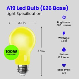 Feit Electric A19 Outdoor LED Bug Light, 100-Watt Equivalent, Dimmable LED Light Bulb, E26 Medium Base, 800 Lumens, 120V, 13 Years Lifetime, Yellow, Pack of 1, A19100/BUG/LED