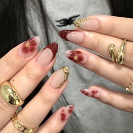 24pcs French Tip Press on Nails Medium Almond Fake Nail Brown French Nails Petals and Flowers Design Short Almond Nail Art False Nail Stick on Acrylic Nails for Women Daily Wear