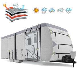 HAHASOLE Travel Trailer RV Cover, 28'7""-31'6"" Extra Thick 900D Top Waterproof RV Cover, Windproof Camper Cover with Zippered Door, Tongue Jack Cover, Gutter Cover, Tire Cover, Straps, Gray