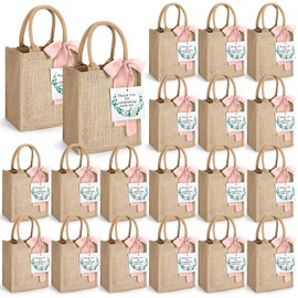 GliCraft 20 Pack Burlap Tote Bags with Handles Reusable Jute Gift Bags Thank You Gift Tags Chiffon Silk Ribbons for Wedding Invitations Parties and Baby Showers Bridesmaid Gifts Wrapping (Pink)