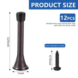 KISEER 12 Pack Spring Door Stops 3 1/4 Inch Flexible Heavy Duty Spring Door Stopper with RustProof Screw Rubber Bumper Tips (Antique Brass)
