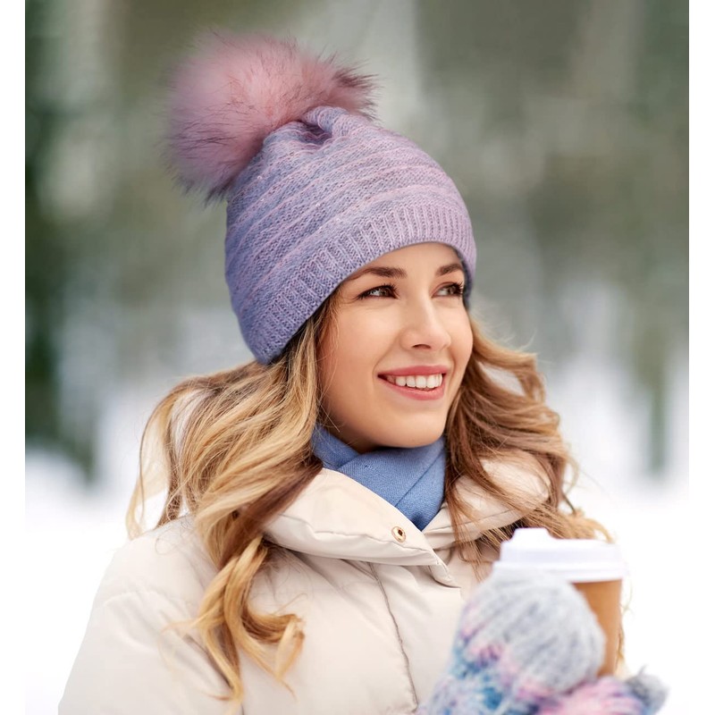 Compagno Winter Hat Knitted Hat Women's Bobble Hat Fleece Lining