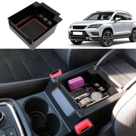 Coleya Centre Console Storage Box Compatible with Seat Ateca 2016-2024, Seat Ateca Accessories Armrest Organiser, Seat Ateca Centre Armrest Glove Box with Non-Slip Mat (Red)