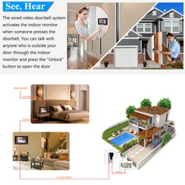Wired Video Intercom System, 7 Inch Monitor and Aluminum Alloy Doorbell Camera, 2-Way Intercom Audio Video Doorbell Intercom Kits, Support Monitoring, Unlock indoor/outdoor for Home Security System