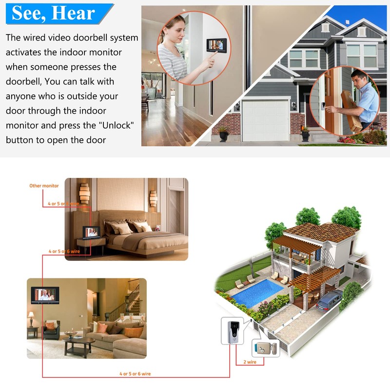 Wired Video Intercom System, 7 Inch Monitor and Aluminum Alloy