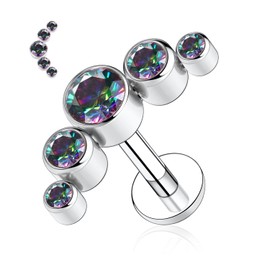 hengkaixuan 16G G23 Titanium Labret Studs Internally Threaded Lip Studs Flat Back Labret Tragus Piercing 6mm Monroe Medusa Lip Piercing Silver with Rainbow CZ Lobe Cartilage Conch Earring Jewelry