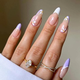 Almond Shaped Fake Nails French Tip Purple White Flower Press on Nails Medium 24 Pcs Nude Stick on Acrylic Nails Glossy Full Cover False Nails for Women JP1482
