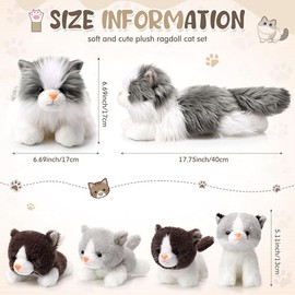 HyDren 5 Pcs Realistic Ragdoll Cat Stuffed Animal, 17.75 Inches Large Ragdoll Cat Mommy Plush with 4 Cute Babies Soft Plush Kittens Set for Girls Boys Birthday Party Favors(Grey)