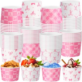 Newtay 48 Pcs Pink Bow Snack Cups 9oz Coquette Bowknot Disposable Bowls Dessert Food Treat Paper Bowls for Baby Shower Birthday Bachelorette Wedding Bridal Party Supplies, 4 Designs