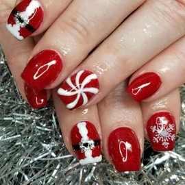 Christmas Press on Nails Short Square Fake Nails Red Xmas False Nails Snowflake Candy Design Glossy Glue on Nails Full Cover Artificial Acrylic Nails Christmas Nail Art Decorations for Women Girls