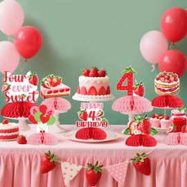 Jollyboom Strawberry Theme 4th Birthday Party Decorations Girl, 8Pcs 4 Ever Sweet Birthday Honeycomb Centerpiece Pink and Red Table Topper Decor for Fruit Four Ever Sweet 4 Year Old Decorations