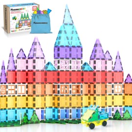 PicassoTiles Magnetic Tiles 61 Piece Magnet Tile Building Blocks Construction Sensory Toy Set with Carry Bag Storage Bin Container STEM Toddler Learning Educational Pretend Play Boy Girl Ages 3+ PT07