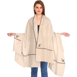 Exotic India Plain Kashmiri Kingri Shawl with Sozni Hand-Embroidery on Border - Color Oyster Gray