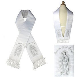 White Satin Stole Sash Baptism Christening Embroidered Virgin Maria in Gold Silver (L:(5T-7) in Silver)