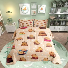 Erosebridal Kids Capybara Bedding Set Twin,Cute Rodent Animals Comforter Set for Boys Girls,Funny Brown Capybara Comforter Kawaii Pet Capybara Quilt,White Stars Print Bed Sets with 1 Pillowcase