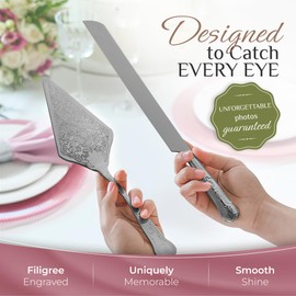 Orblue - Juego de cuchillos y servidores para pastel de boda, juego de primera calidad, bellamente grabado, elegante recuerdo para recién casados, negro