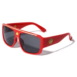 Dweebzilla Lionhead Medallion Oversized Square Sport Retro Sunglasses (Red & Gold Frame - Black Super Dark Lenses)