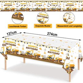 ParPix Digger Tablecloth, Children's Birthday Decoration, 137 x 274 cm, Construction Site Tablecloth, Plastic, Waterproof Digger Decoration, Children's Birthday Tablecloth, Birthday Table Decoration