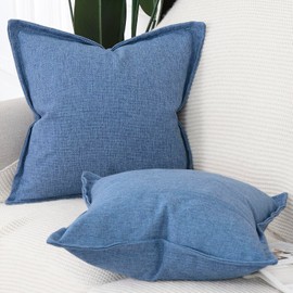 Madizz Set of 2 Linen Cushion Covers with Broad Edge Soft Boho Decorative Pillow Cases for Sofa Bedroom Modern Pillow Shell 16x16 inch, 40x40 cm Denim Blue