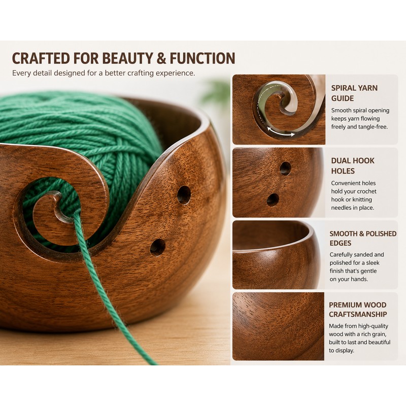 Wooden Yarn Bowl for Crocheting – Tangle-Free Knitting Organizer for