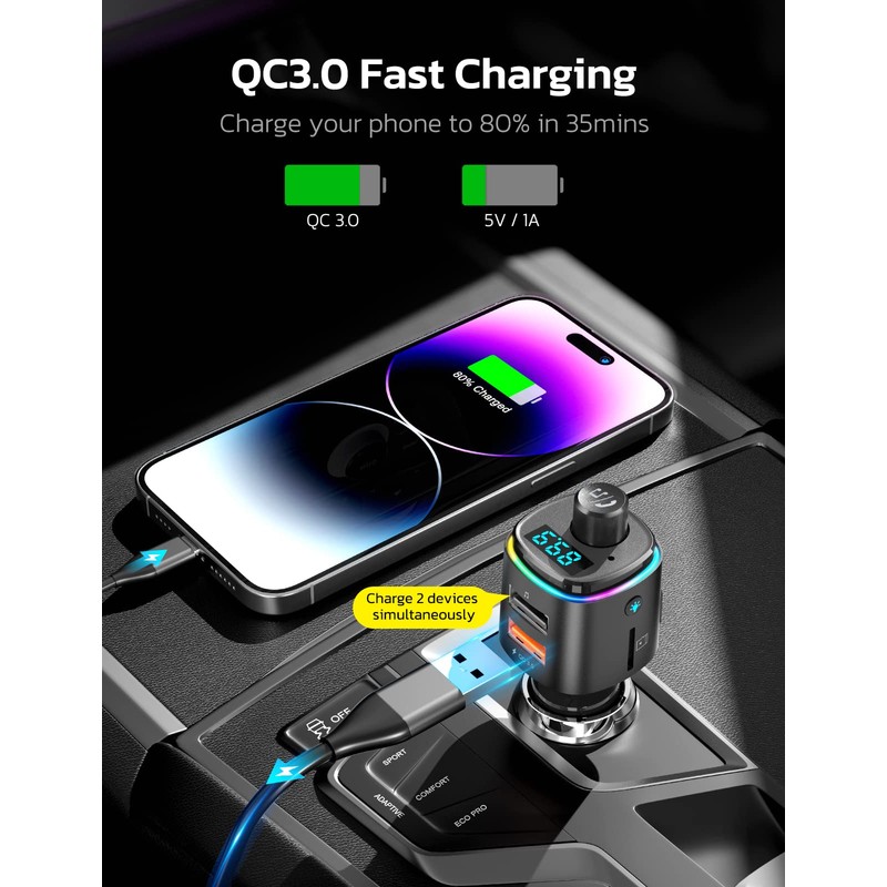 Nulaxy Bluetooth FM Transmitter, QC3.0 Fast Charge Bluetooth Car Adapter,
