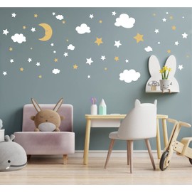 Crescent Moon Stars and Clouds Wall Decals Moon and Stars Nursery Wall Stickers Starry Sky Playroom Decor Kids Rooms Mural Kids Room Wall Art Y59 (White,Gold)