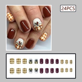 24Pcs Fall Square Press on Nails Short Acrylic Fake Nails Press ons Thanksgiving False Nails with Pumpkin Grid Design Brown Artificial Nails Full Cover Glue on Nail Reusable Stick on Nail for Women
