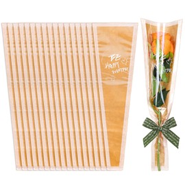 FYSUIMU 60 Pcs Valentine's Day Kraft Single Flower Wrapping Bags Clear Floral Bouquet Cellophane Sleeves Brown Paper Florist Packaging Supplies for Wedding Graduation Mother's Day (BE HAPPY EVERYDAY)