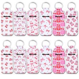 Yeyeplum 12 Pcs Lipstick Holder Keychain Bulk Cute Pocket Lip Balm Holder Keychain Backpack Purse Accessories for Women Lip Gloss Sleeve Pouch, 6 Style (Cherry Bow)