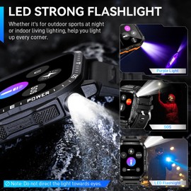 Reloj inteligente militar para hombres con linterna LED, reloj de 2.0 pulgadas, visualización grande, reloj inteligente táctico de 430 mAh, batería grande, monitor de fitness con ritmo cardíaco para