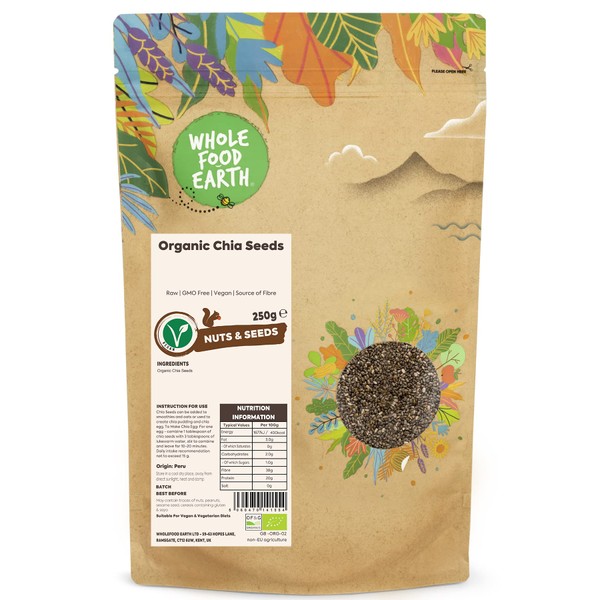 Wholefood Earth Organic Chia Seeds – 250g | Raw | GMO Free | Vegan | Source of Fibre | Certified Organic