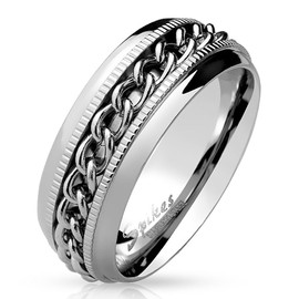 Bungsa Silver Stainless Steel Spinner Ring with Chain for Men and Women, Rotating Jewellery Ring, Stainless Steel Ring, Silver Chain Rings, Stainless Steel, silver
