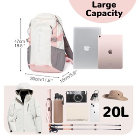 Outplea Small Hiking Backpack Comfortable for Women, 20L Travel Daypack Waterproof, Outdoor Sports Rucksack for Camping Fitness Climbing Walking, Pink & White