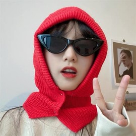 Hooded Drawstring Balaclava Knit Hat LF1841 Free Size/M (56-58cm) Red 2ea
