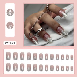 24 Pcs Medium Press on Nails Square Shape Fake Nails Glossy Glitter French Tip Press on Nails Medium Length Artificial False Nails Full Cover Glue on Nails Reusable Stick on Nails for Women and Girls