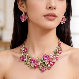Cykdohy Hot Pink Rhinestones Flowers Necklace Earrings 2 Piece Bride Bridesmaid Wedding Jewelery Set for Women Floral Leaf Teardrop Crystal Cluster Bridal Party Prom Elegant Costume Dress Accessories