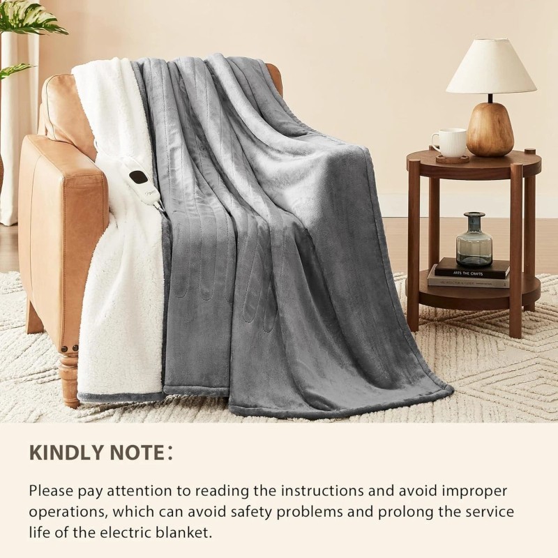 Light Grey Electric Heated Blanket Throw - 50”x60” with Auto-Shut