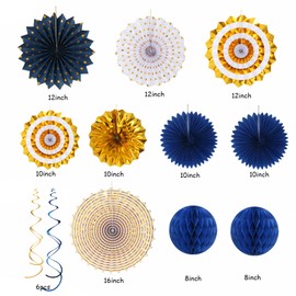Navy-Blue White-Gold Graduation Party-Decorations - 33pcs Kits Banner, Streamers Tassel Garland,Tissue Pom Poms Honeycomb, Paper Lantern Fans,Wedding Birthday Baby Shower Backdrop Ceiling Decor Hugtmr